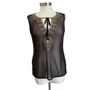New York & Company Embellished Front Tie Brown Mesh Y2K Tank Size Small